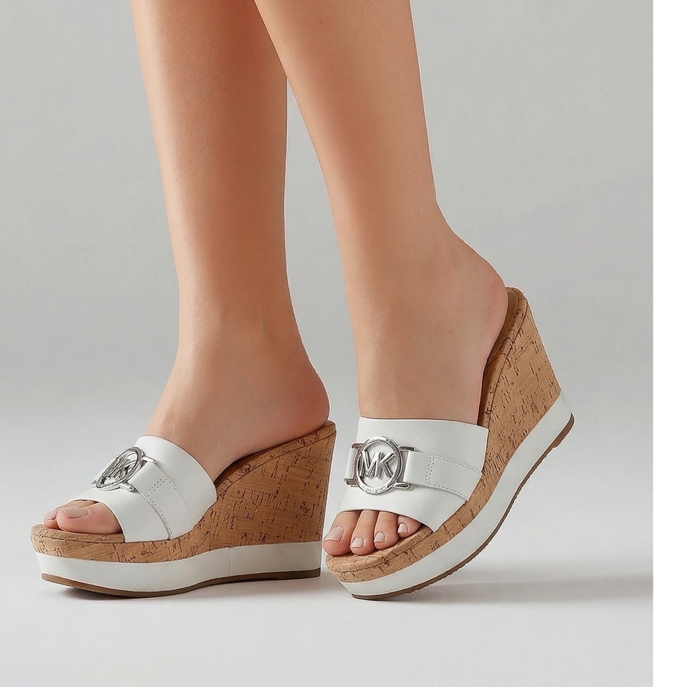 Michael Kors White Leather Cork Wedge Platform Sandals MK Logo Slides size 6